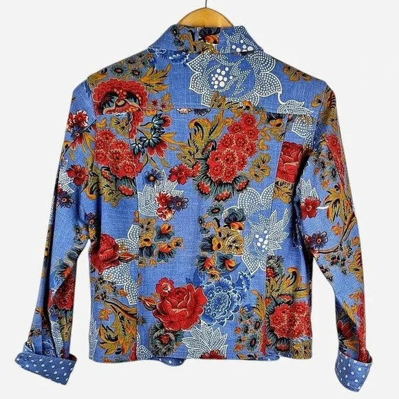 Coldwater Creek Blue Floral Linen Rayon Jacket Polka Dot Lined Size PM - Picture 2 of 7